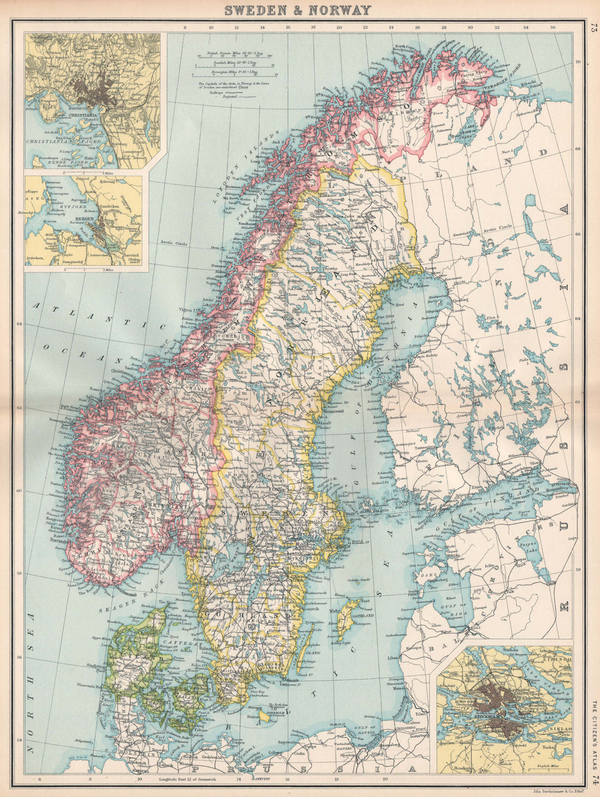 SCANDINAVIA Sweden Norway & Denmark. Inset Christiania Oslo Stockholm 1912 map